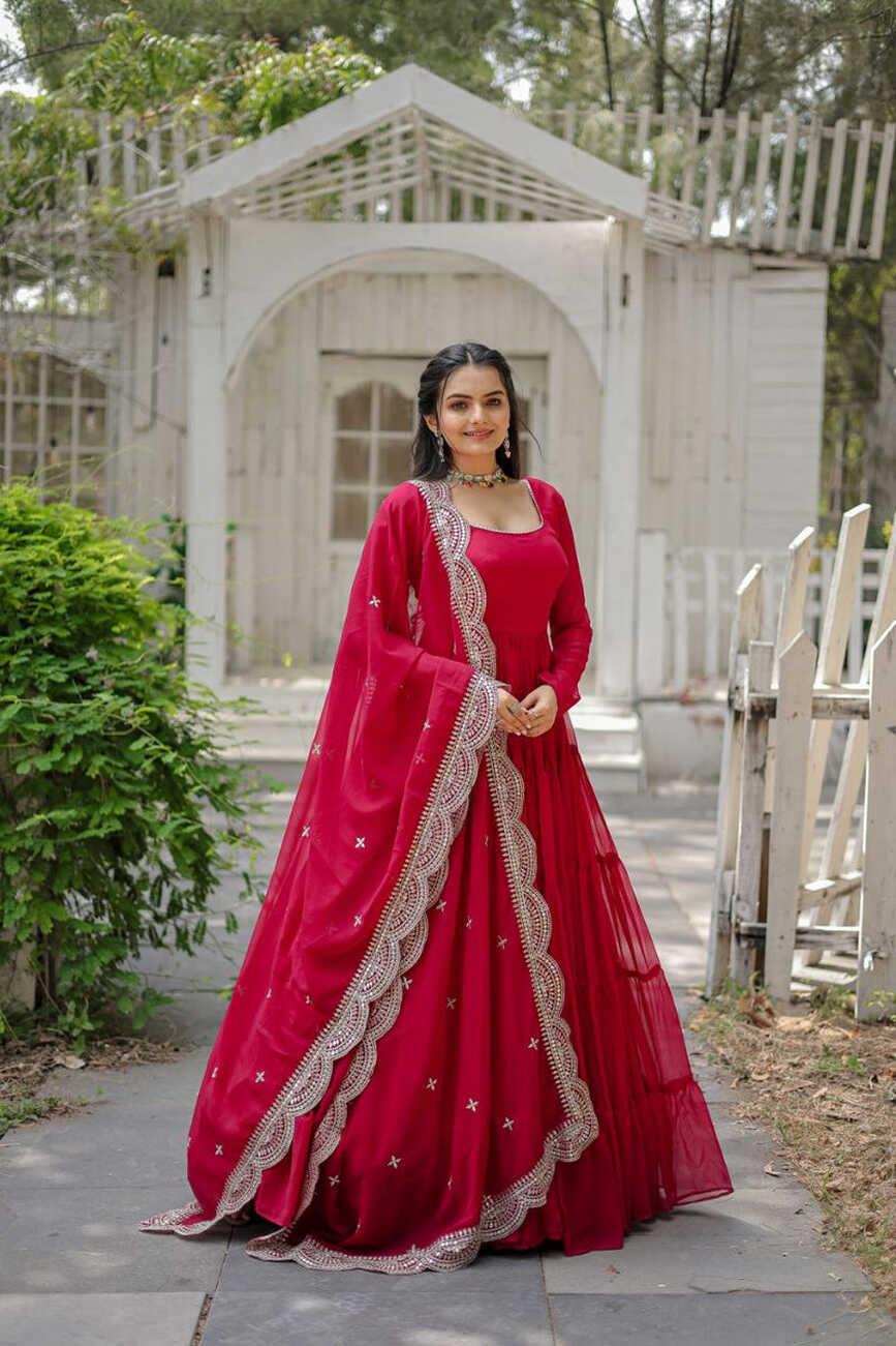 Party Wear Dark Pink Color Plain Long Gown With Dupatta – subhvastra