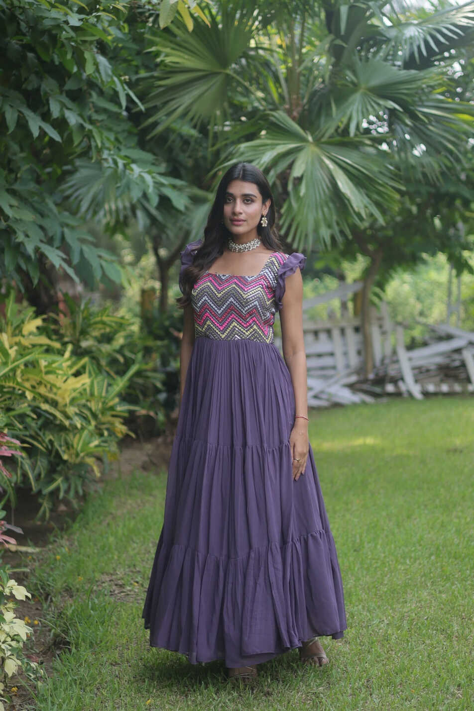 Party Wear Embroidered Work Purple Color Long Gown - Clothsv