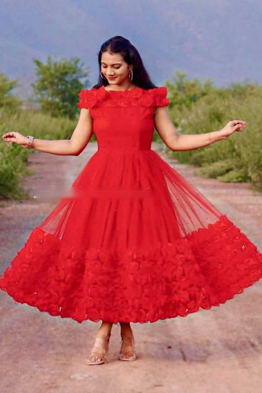 Party Wear Red Rose Flower Ribbon Work Short Gown