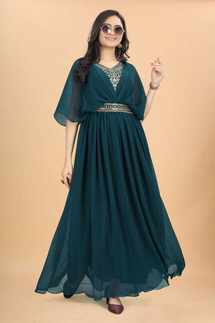 Party Wear Teal Blue Color Fancy Pleated Designer Gown - Clo