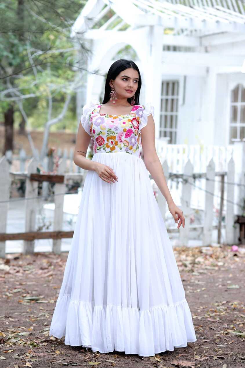 Party Wear White Color Embroidered work Gown - Clothsvilla