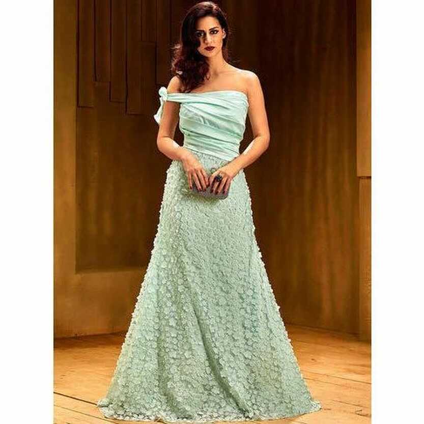 Party XL Khwaab Off Shoulder Light Turquoise (Pista) Floor Length ...