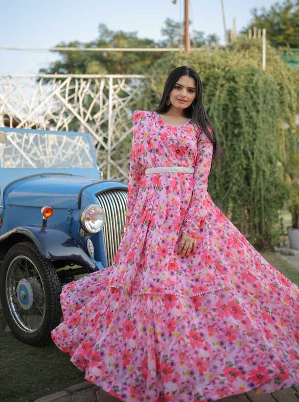 Party wear look Georgette with Flower Printed fancy Long Gown ...