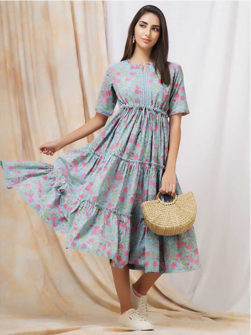 Pastel Blue Cotton Dress, Handblock Blue Floral Cotton Dress for ...