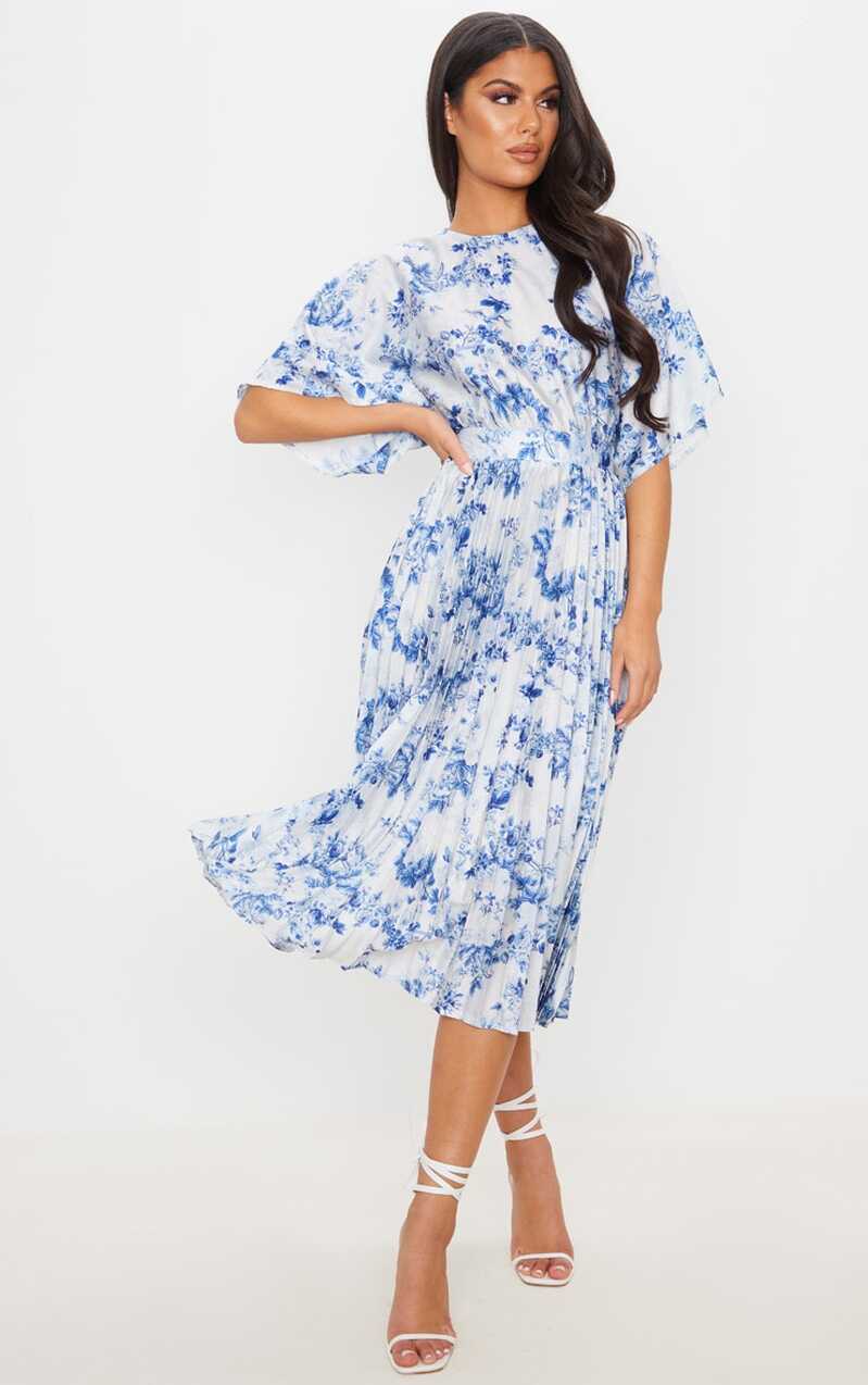 Pastel Blue Floral Print Open Back Pleat Midi Dress ...