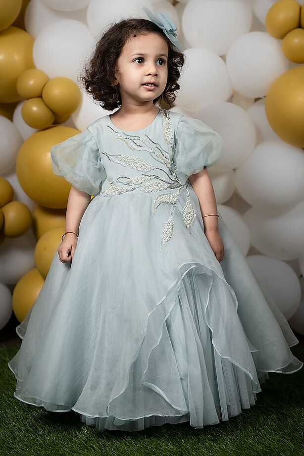 Pastel Blue Viscose Organza Gown With Hair Accessory Design by Ba ...