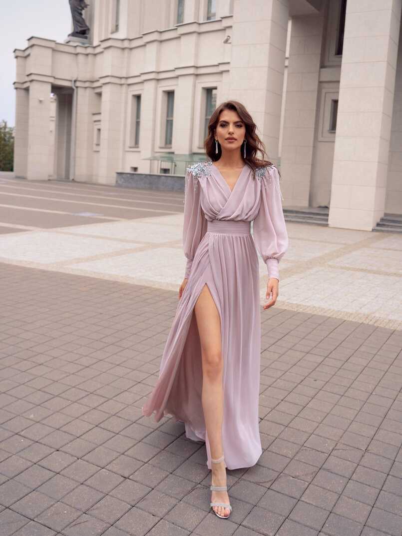 Pastel evening gown with bishop sleeves