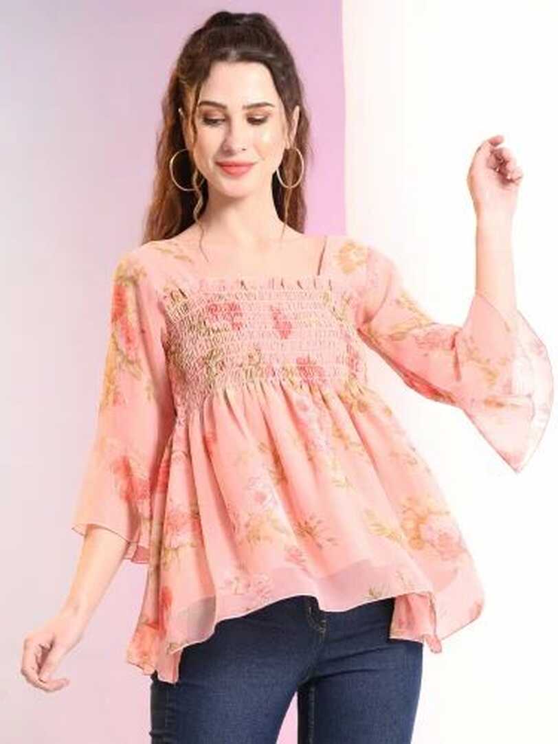 Peach Color Georgette Floral Print Western Top, 3/4 Sleeve at Rs ...