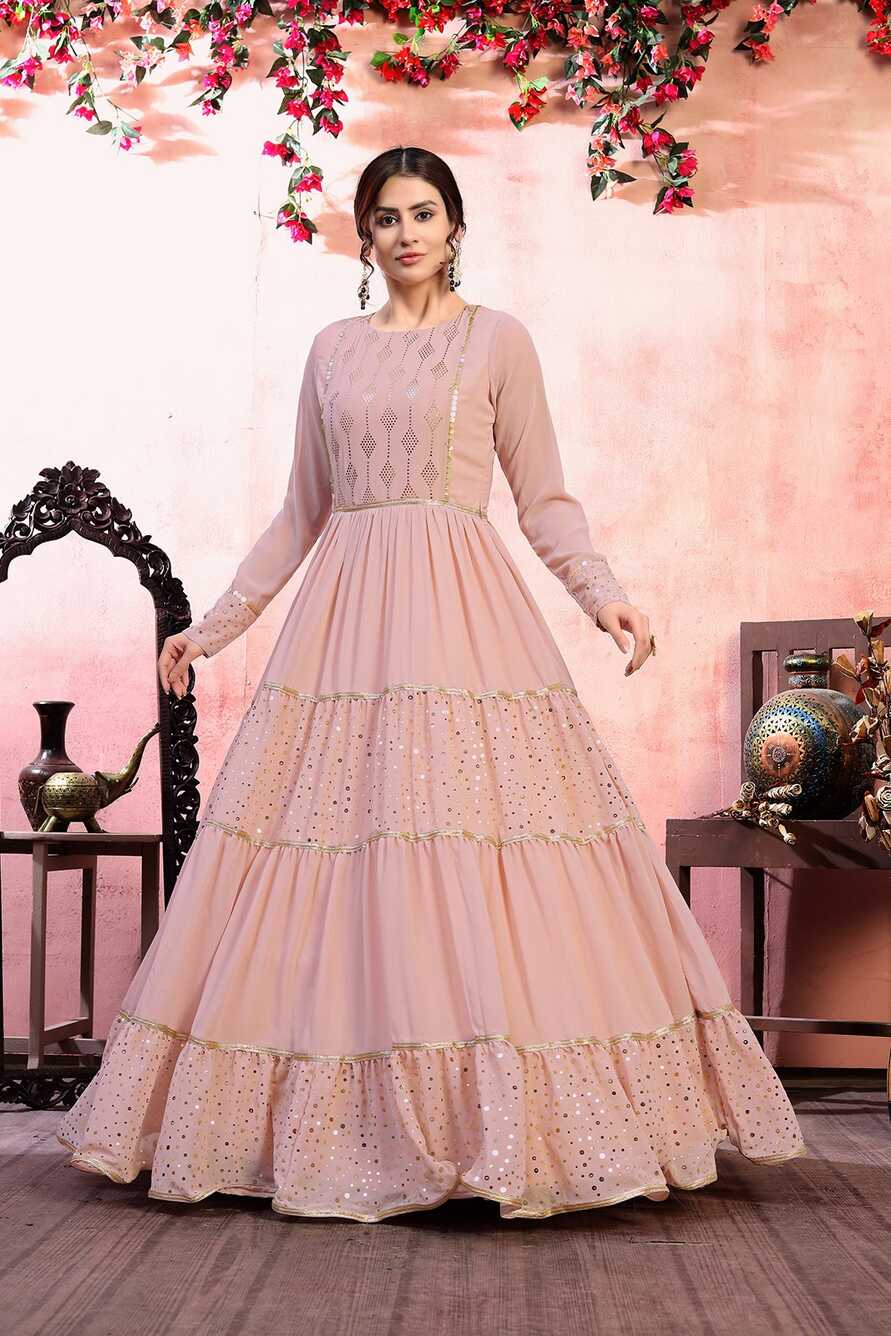 Peach Colored Thread And Sequence Work Elegant Long Gown For Party ...