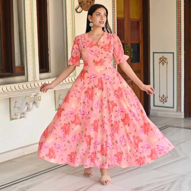 Peach Digital Printed Georgette Gown