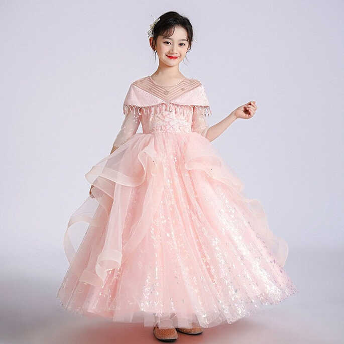 Peach Evening Fluffy Princess dress short sleeve Gown for Girls ...