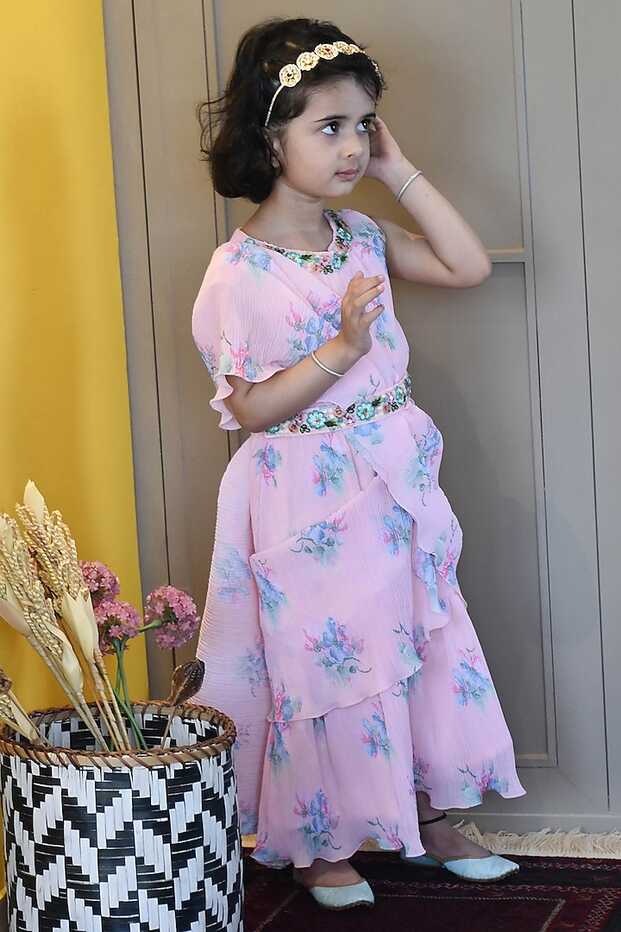 Peach Georgette Printed Pleated Dress For Girls Design by Fayon ...