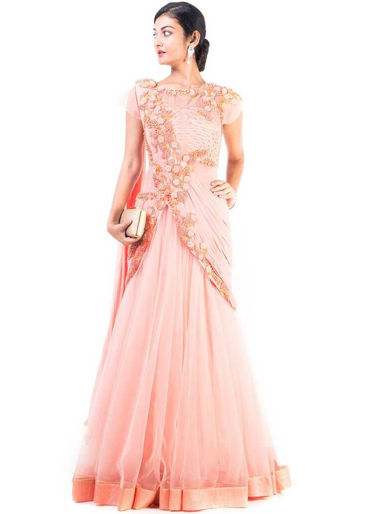 Peach Net Saree Style Indo Western Gown Designer Couture 169GW04