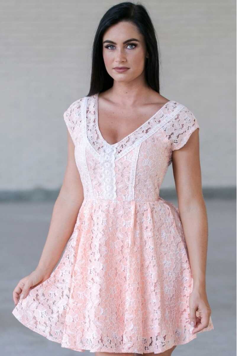 Peach Pink Lace Dress, Cute Summer Dress, Peach Pink Bridesmaid ...