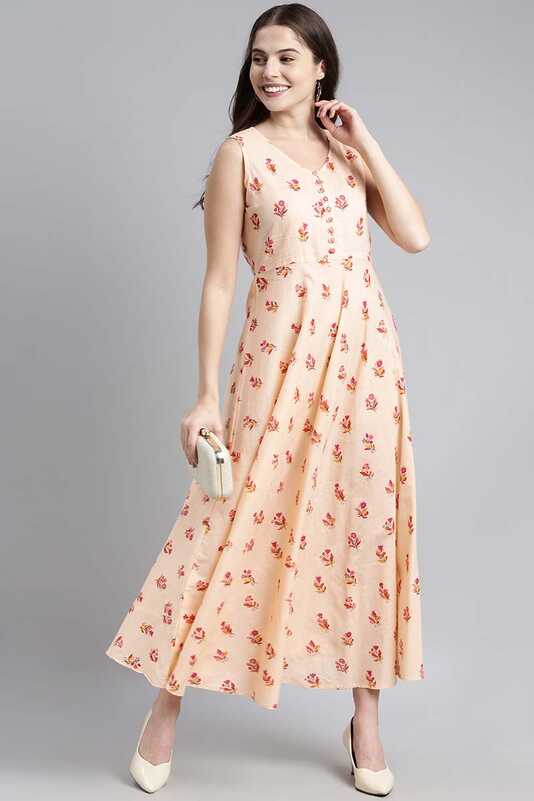 Peach Pure Cotton Floral Printed Maxi Dress VD1023 – Ahika