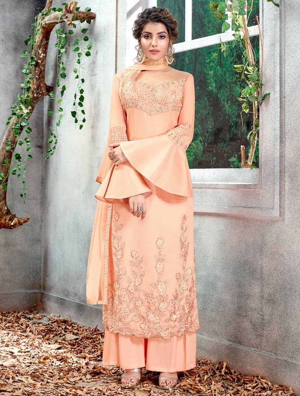 Peach Ranga Silk Flared Sleeve Palazzo Suit - Salwar Kameez ...