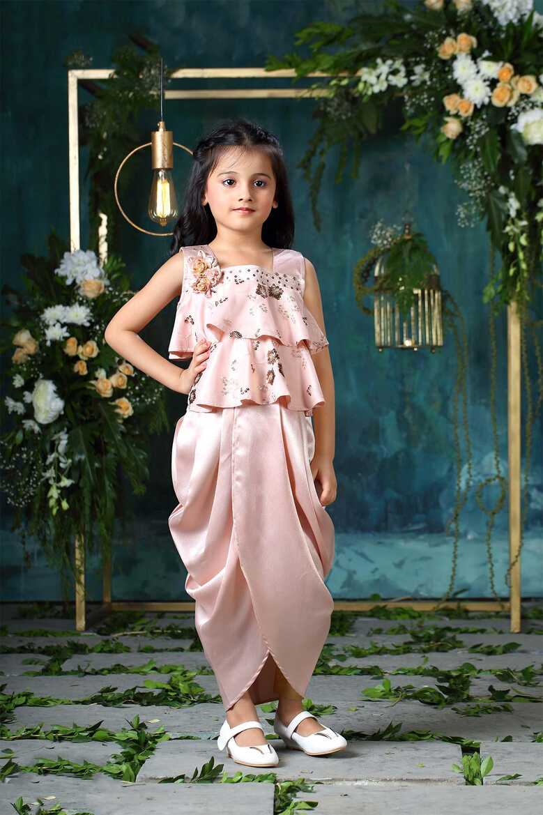 Peach Satin Dhoti Delight: Party Wear Dress for Girls | Lagorii Kids