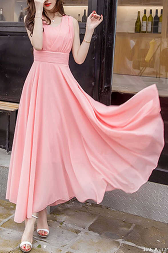 Peach Summer V-Neck Plain Chiffon Maxi Dress, Cheap Flowy Long ...