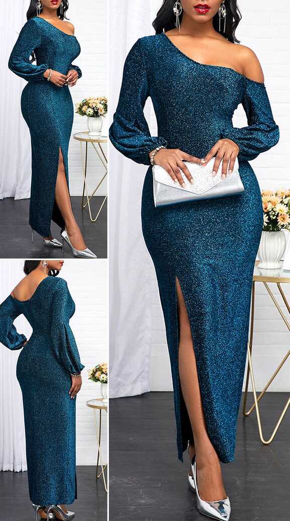 Peacock Blue Skew Neck Long Sleeve Dress