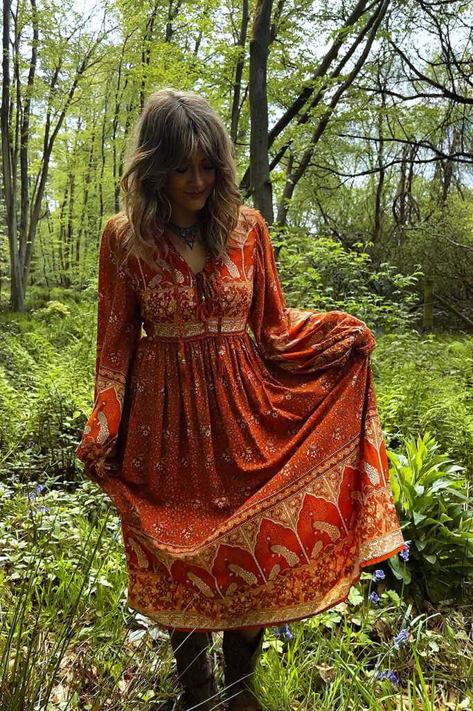 Peacock Primrose Boho 70s Smock Dress Burnt Orange | All About ...