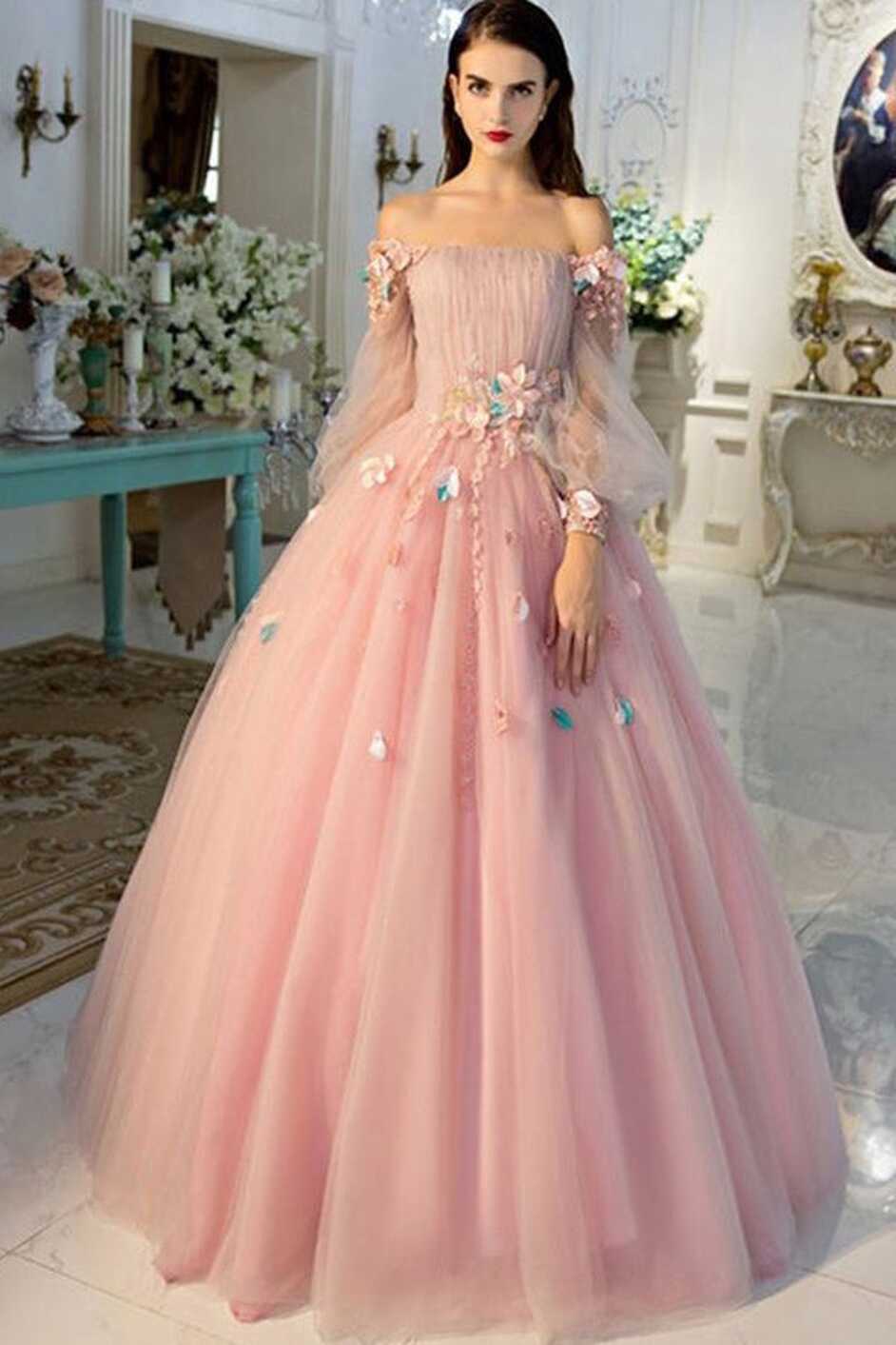 Pearl Pink Tulle Ball Gown Long Sleeves Prom Dress MP643 | Musebridals