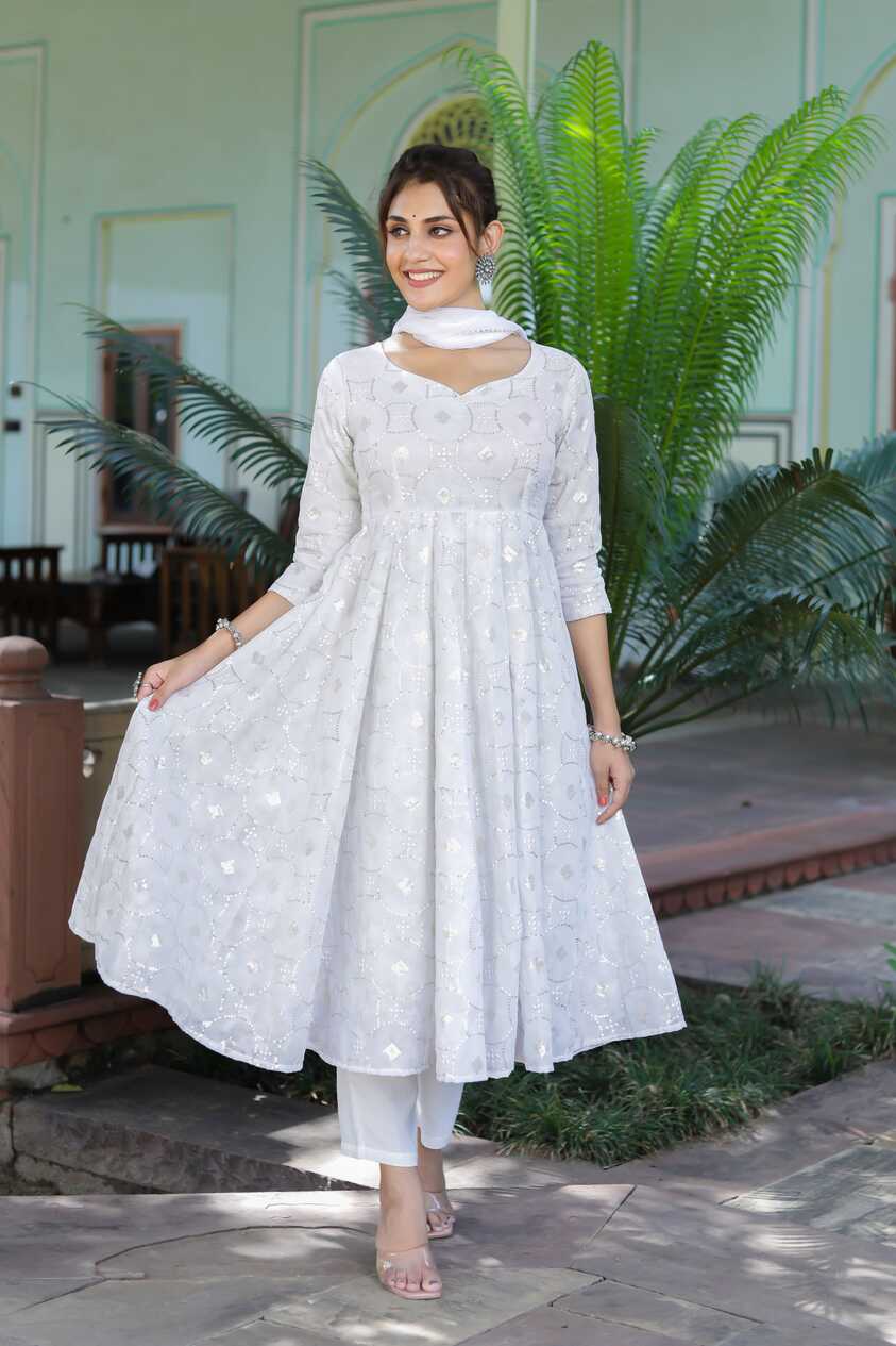 Pearl White Anarkali Kurta Palazzo Dupatta Set – Hatheli