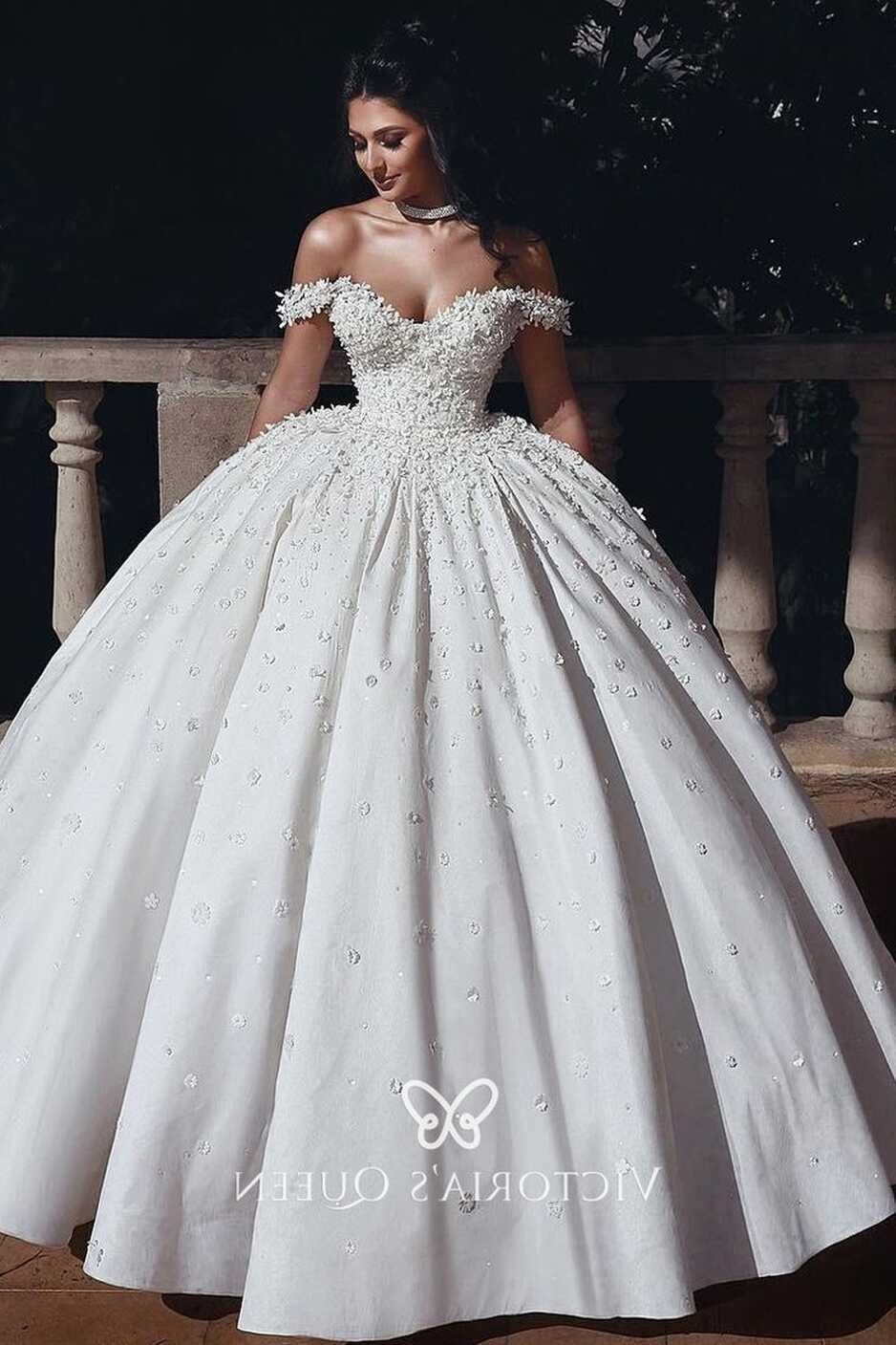 Pearls &amp; Mini Flowers Appliqued Satin Wedding Ball Gown