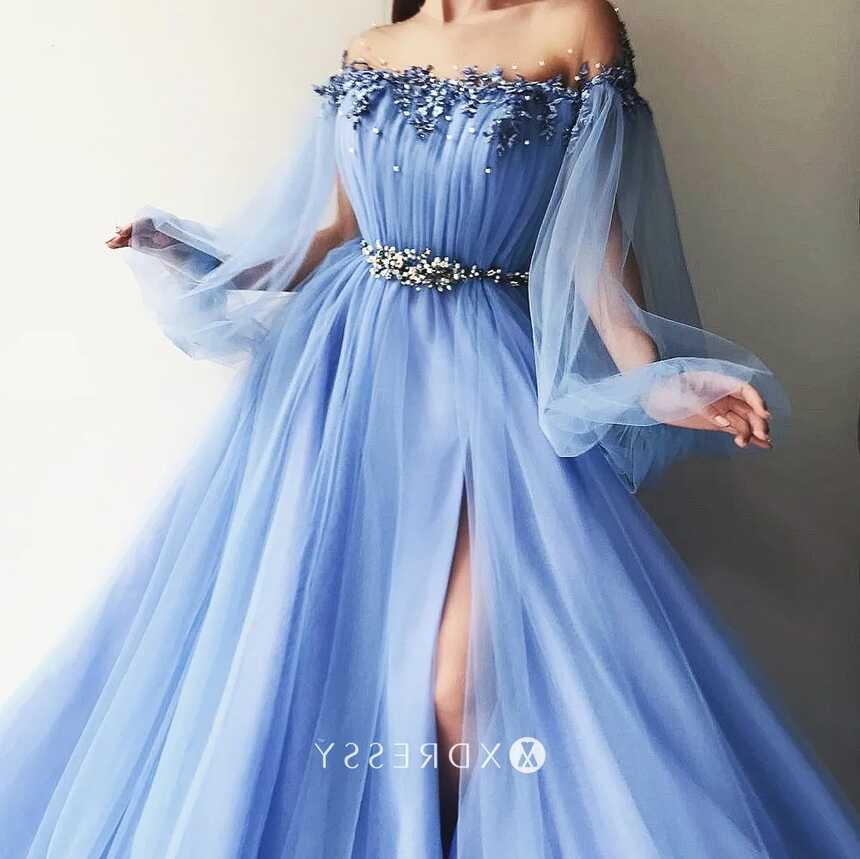 Pearls Off-shoulder Puffy Sleeved Blue Prom Gown - Xdressy