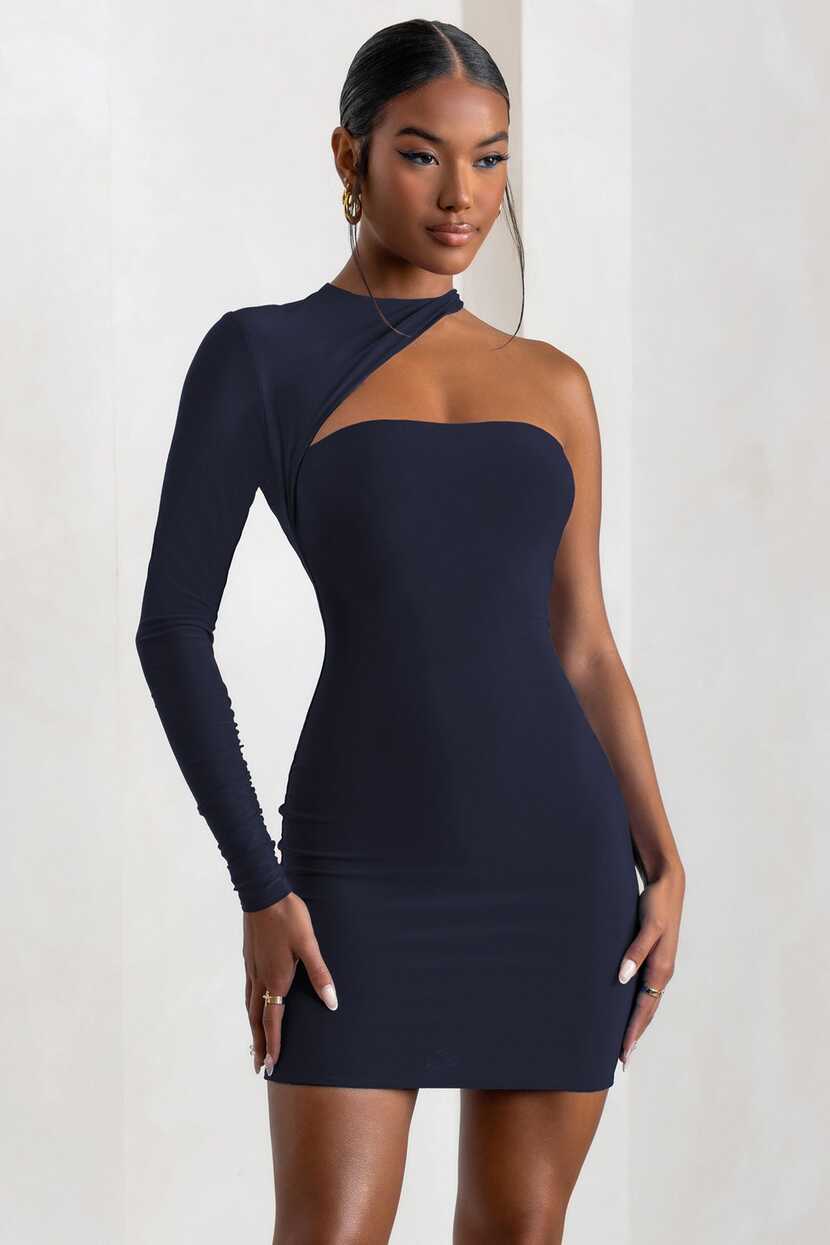 Perfect Touch Navy One Shoulder Long Sleeve Mini Dress – Club L ...