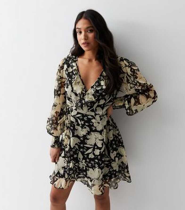 Petite Black Floral Long Sleeve Ruffle Wrap Mini Dress | New Look