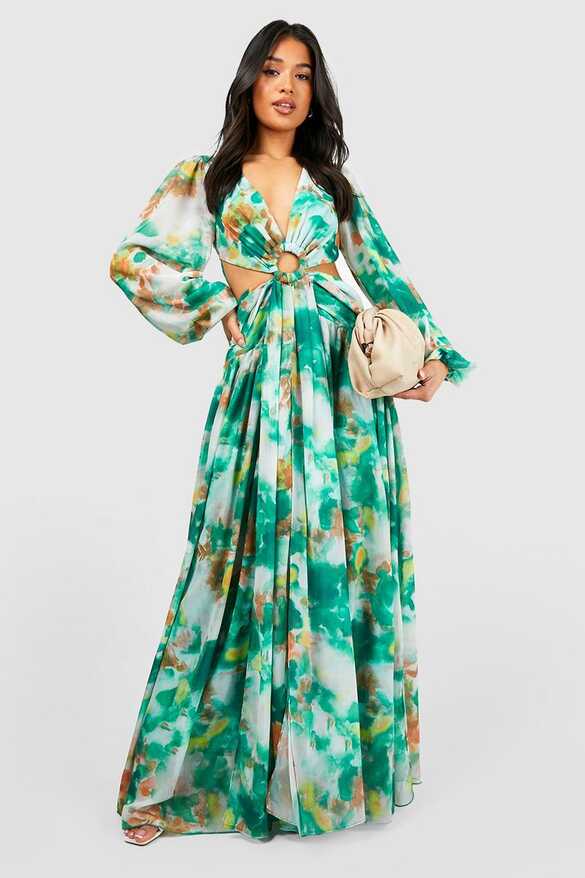 Petite Floral Chiffon Ring Detail Cut Out Maxi Dress | boohoo