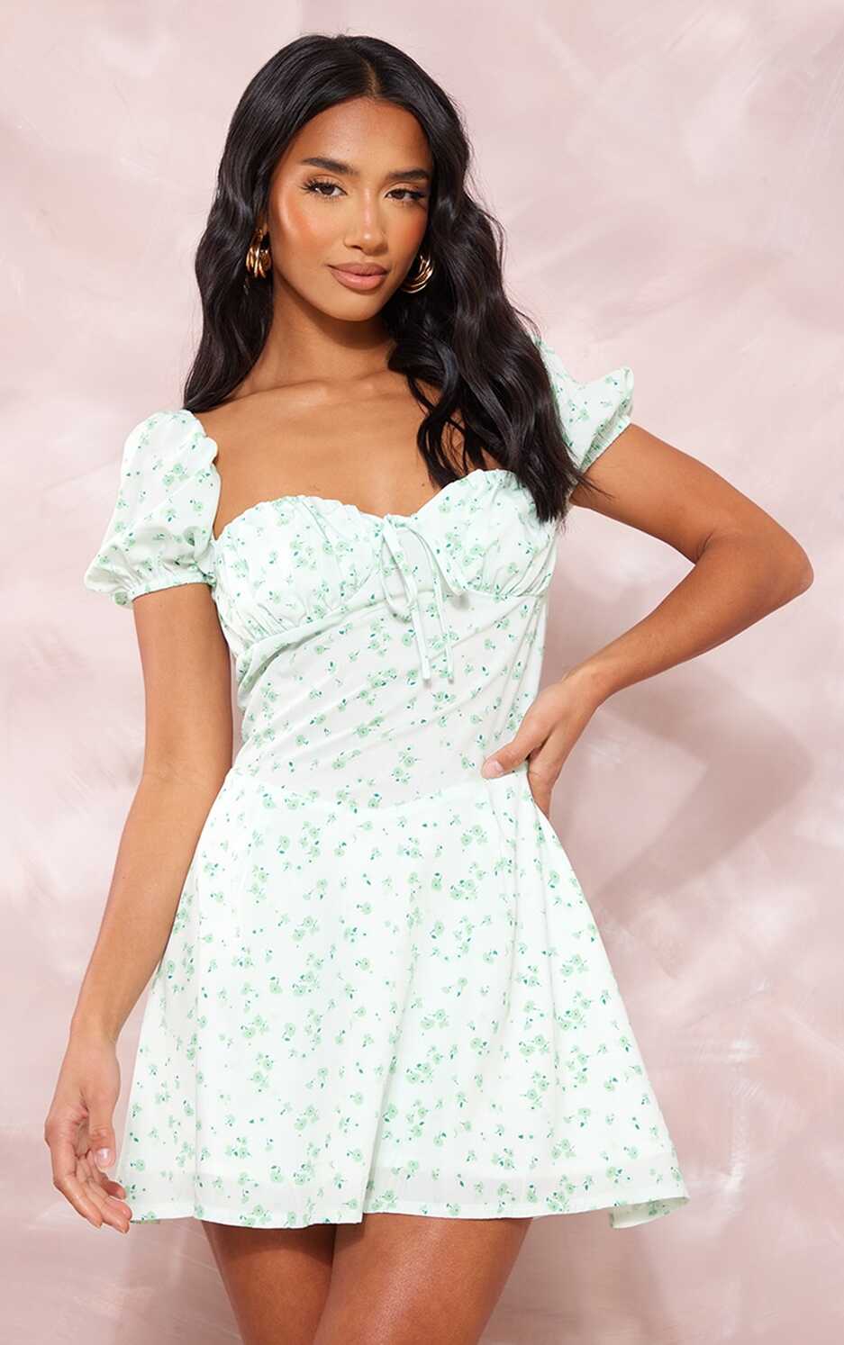 Petite Green Ditsy Floral Short Sleeve Mini Dress ...