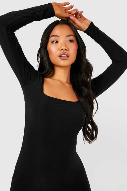 Petite Long Sleeve Square Neck Slinky Maxi Dress | boohoo