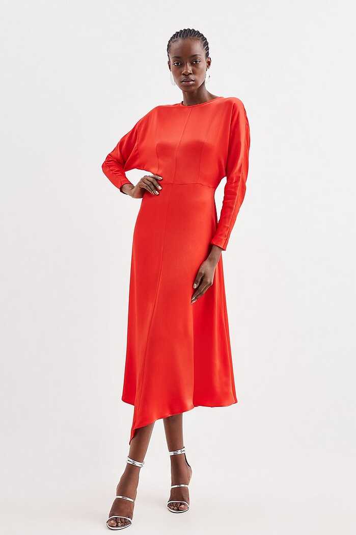 Petite Satin Woven Crepe Long Sleeve Midi Dress | Karen Millen