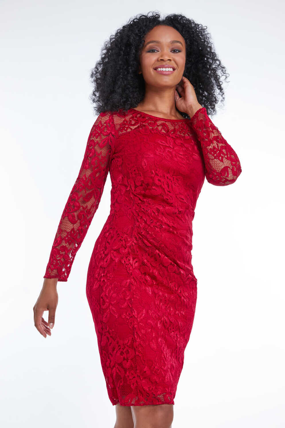 Petite Side Ruched Lace Dress in Red | Roman UK