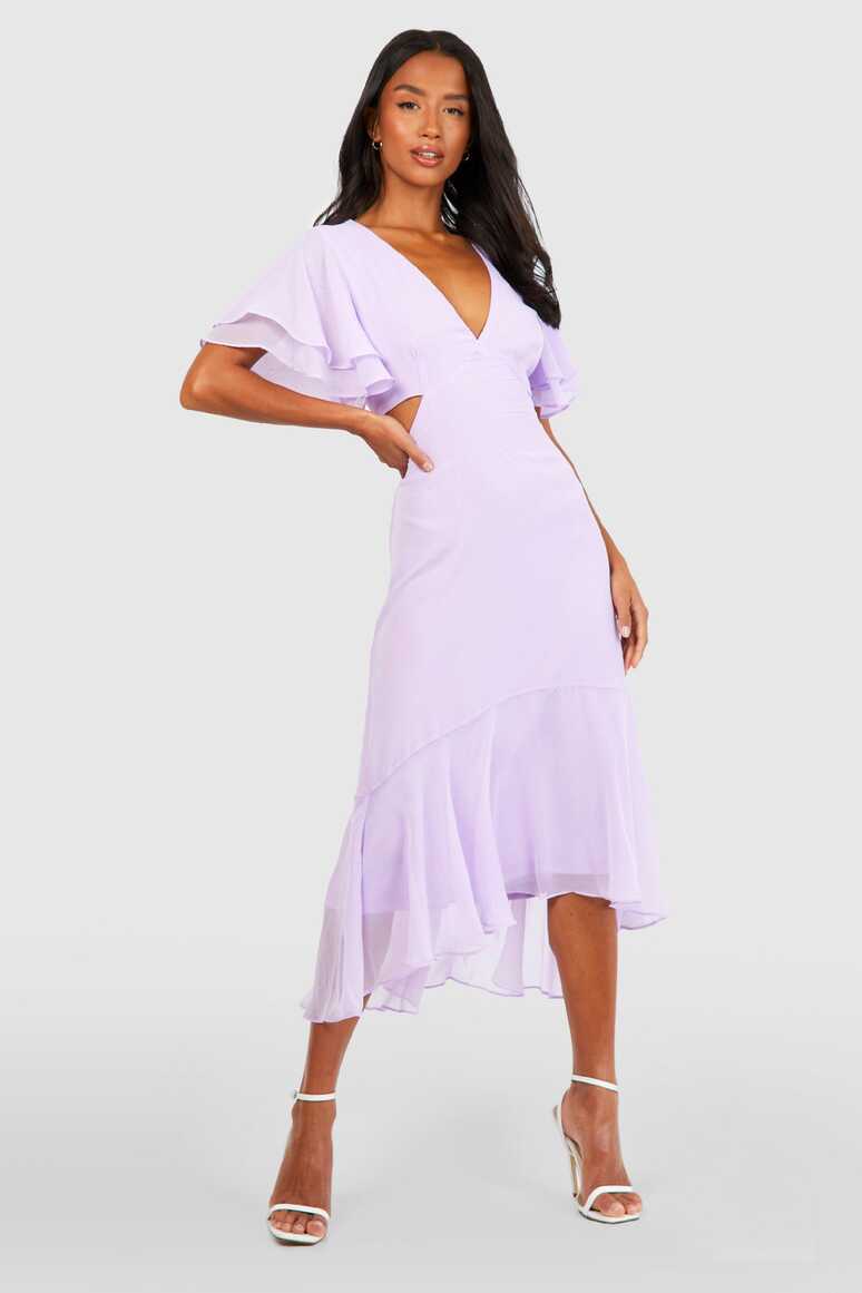 Petite V Neck Angel Sleeve Midi Dress | boohoo