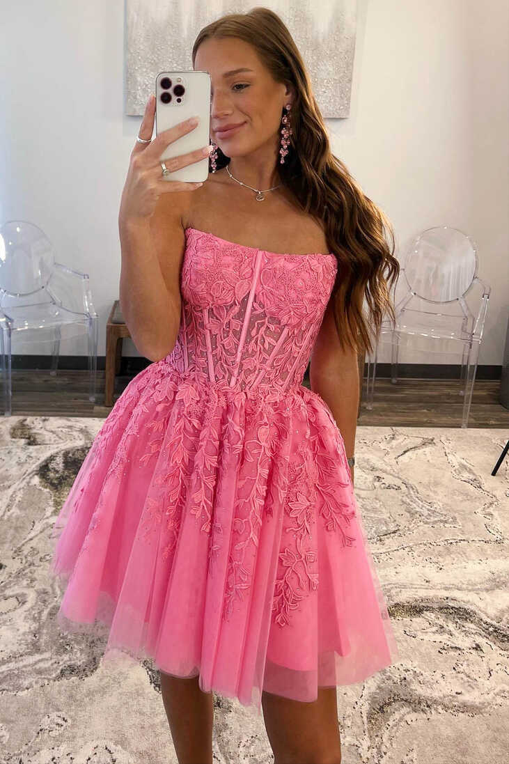 Petunia Hot Pink A-Line Strapless Tulle Homecoming Dress with ...