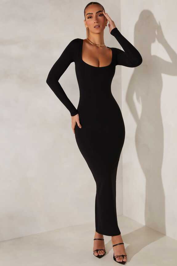 Peyton Long Sleeve Maxi Dress in Black | Oh Polly