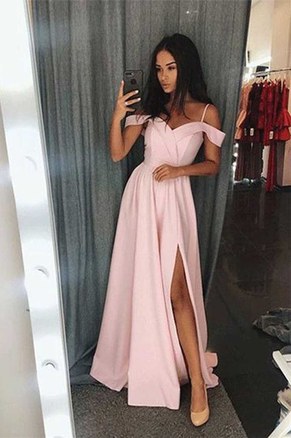 Pink A line Simple Floor Length Cold Shoulders Long Prom Dress ...