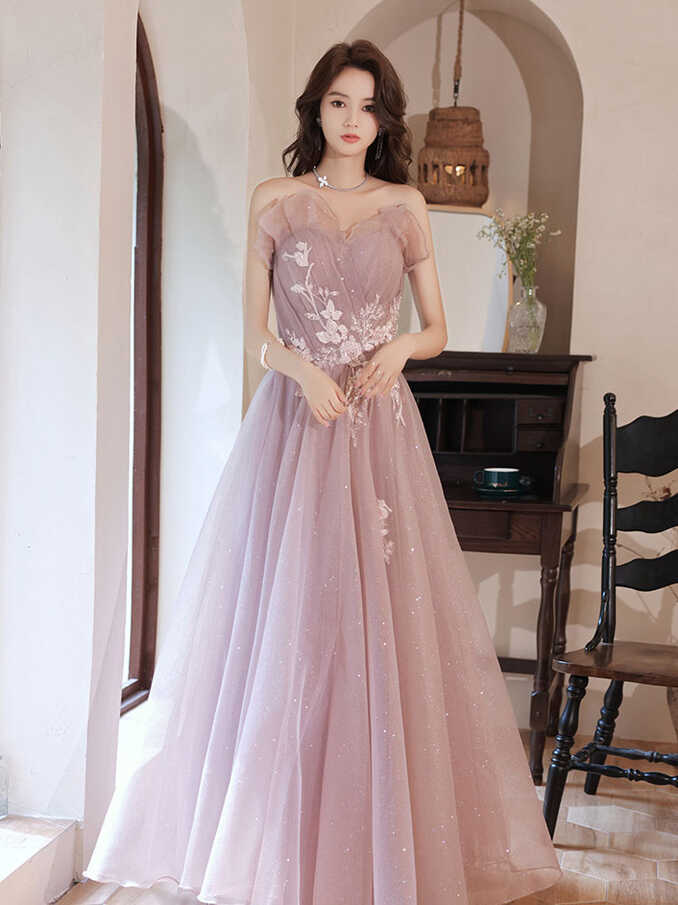 Pink A line Tulle Lace Applique Long Prom Dress, Pink Evening ...