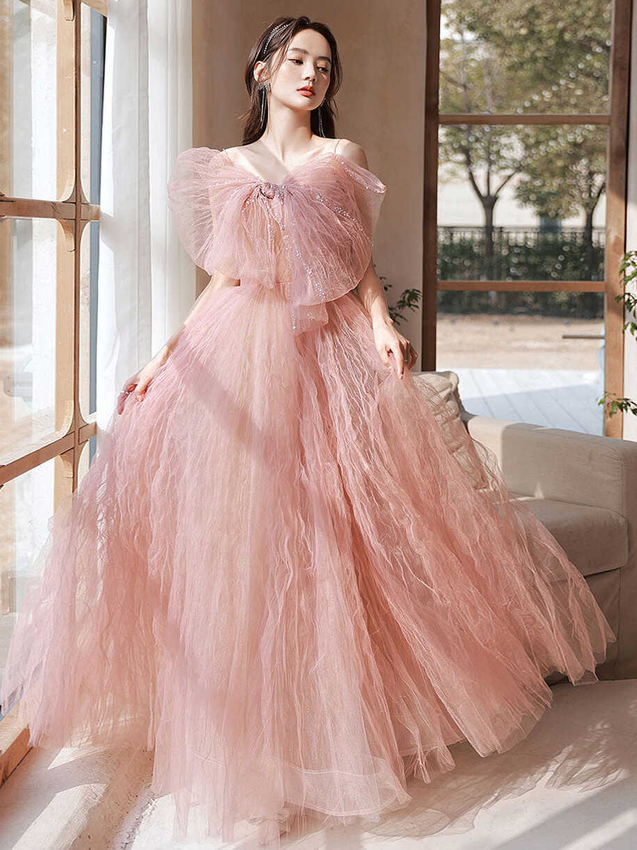 Pink A line tulle long prom dress pink formal evening dress – dresstby