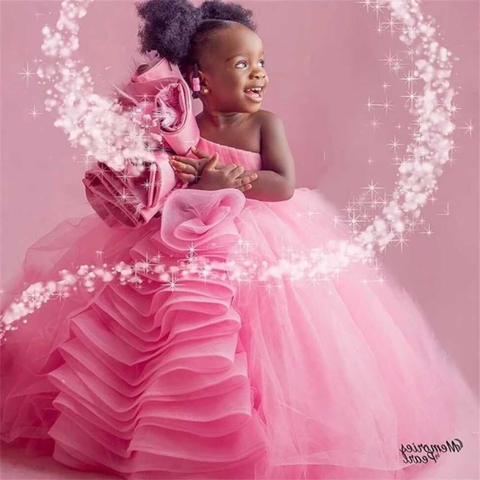 Pink Ball Gown Flower Girl Dresses For Wedding One Shoulder Tiered ...