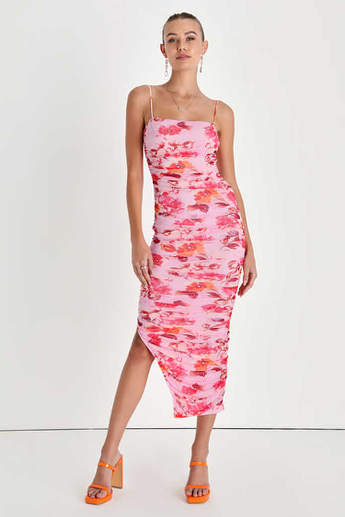 Pink Bodycon Dress - Floral Print Dress - Ruched Mesh Dress - Lulus