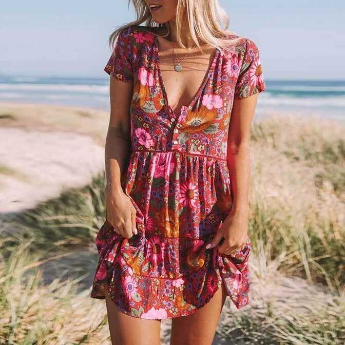 Pink Boho Floral Print Mini Dress – Boho Beach Hut