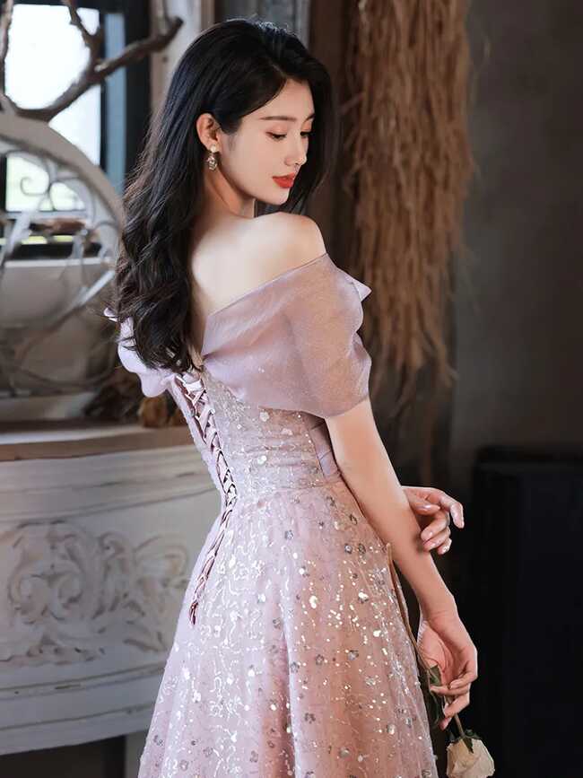 Pink Bridesmaid Dresses Elegant Off Shoulder Shiny Sequin Long A ...