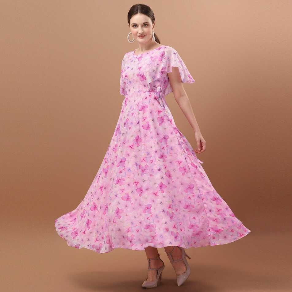 Pink Casual Wear Floral Printed A-Line Georgette Dress