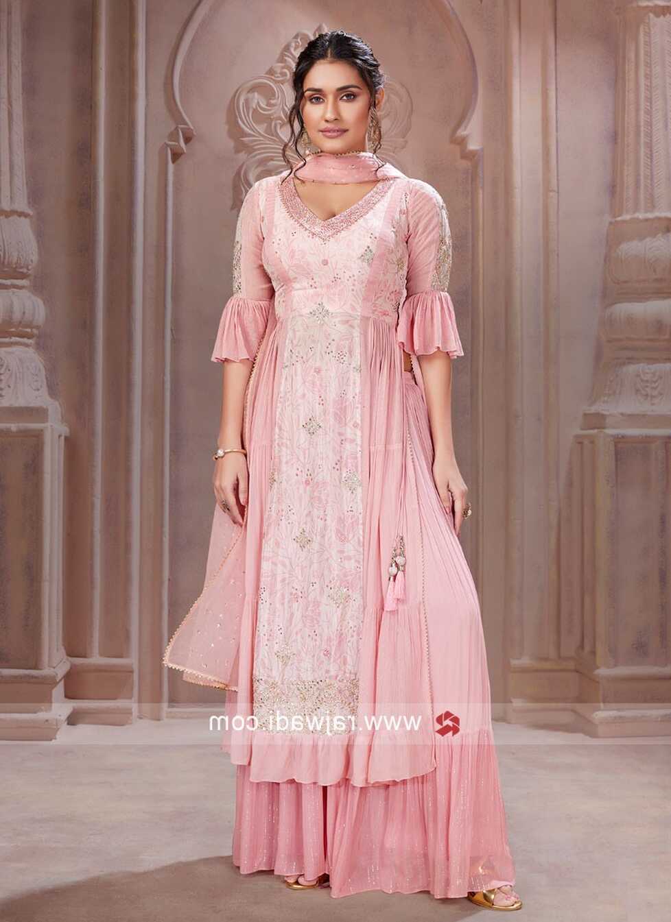 Pink Chiffon Palazzo Suit With Net Dupatta