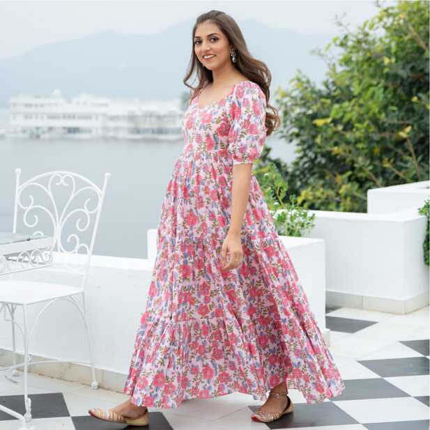 Pink Cotton Printed Flared Long Dress