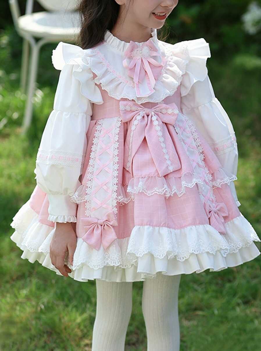 Pink Cute Princess Fluffy Bowknots Puff Sleeves White Ruffles ...