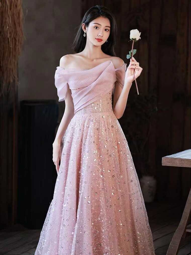 Pink Evening Dress, Elegant Party Dress, Sweet Off Shoulder ...